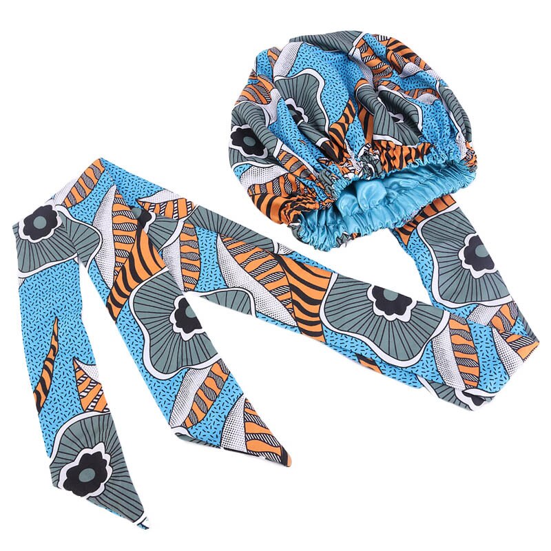 Gorros africanos para el pelo para mujer, gorro de satén con estampado, Cinta Larga de doble capa, con patrón, talla grande, 1 unidad, 38cm: Type 6