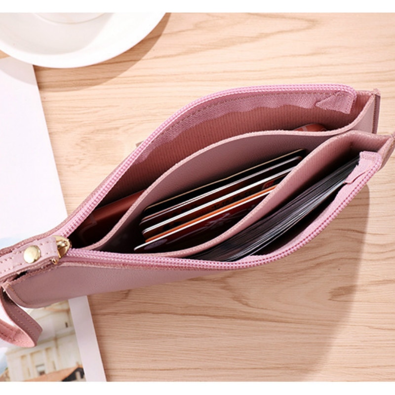 Mode Lange Vrouwen Effen Rits Portemonnee Portemonnee Clutch PU Lederen Telefoon Kaarthouder Meisjes Polsbandje Riem tas