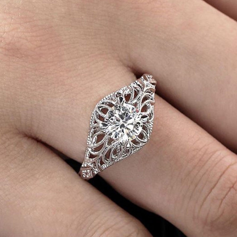 Huitan Bridal Ring with Round Brilliant Cubic Zirconia Prong Setting Korean Jewelry Engagement Wedding Rings for Women