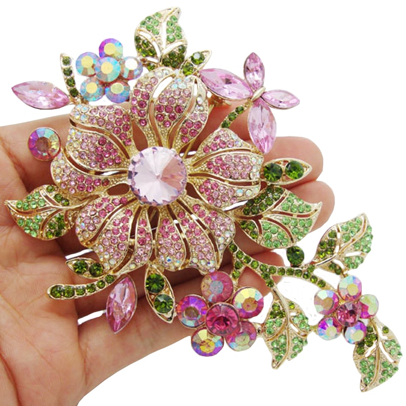 Big Pink Crystal Flower Brooch Rhinestone Pin Romantic Wedding Bride Bridesmaid Large Brooches For Woman Jewelry