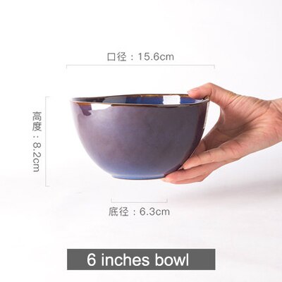 Household bowl and plate combination set simple retro ceramic tableware noodle salad bowl Steak cake dessert plates: 6 inches bowl