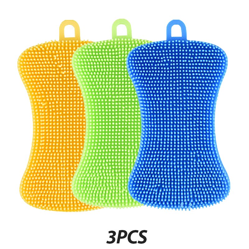 3PCS Silicone Dish Washing Brush Pot Pan Sponge Scrubber Silicone Scouring Pad Fruit Pot Pan Wash Brushes Kitchen Cleaning Tool: 3pcs-D
