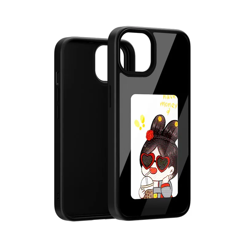 Funda de teléfono con función NFC de nueva tecnología para Iphone 15 14 13 Pro Max, Fundas DIY con pantalla de tinta electrónica, funda de teléfono con dibujos animados para chica, Fundas sin batería: Cuero genuino / Negro