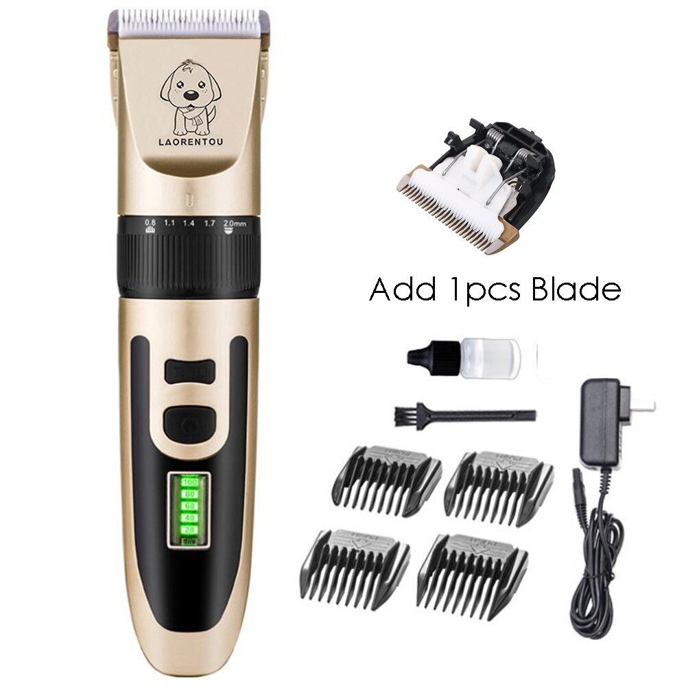 Cortapelos recargable para mascotas y gatos, recortador de pelo para perros, Afeitadora eléctrica, Kit de máquina de corte de pelo de litio 18650 para animales: Gold Add 1pcs Blade