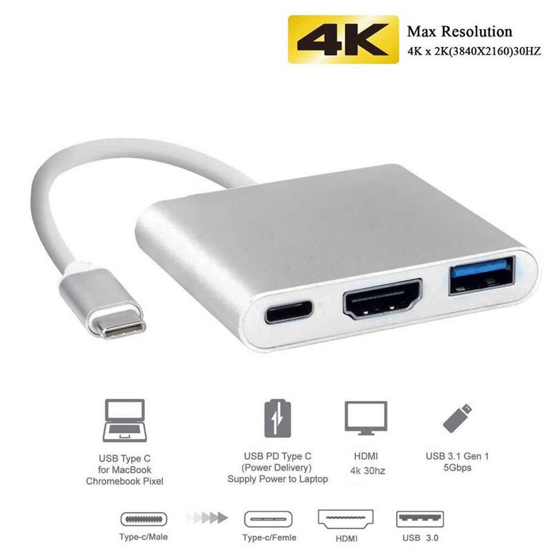 3-In-1 Thunderbolt 3 Adapter Usb Type C Hub Naar Hdmi USB-C Hub Dock Met Power Levering voor Samsung Dex Modus Macbook Pro/Air: Silver