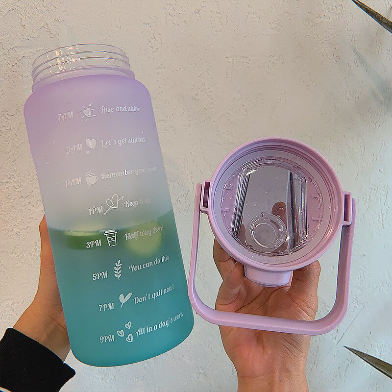 2L Large Capacity Water Bottle Straw Cup High Temperature Plastic Water Cup Time Scale Frosted Outdoor Sports Student Couple Cup