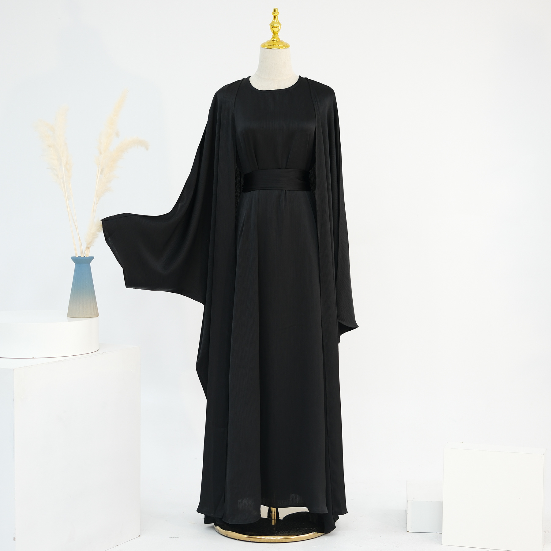 Ramadan dubai cetim liso 2 peças conjunto abaya roupas de oração feminino modesto conjuntos muçulmanos caftan marocain robe femme musulmane kaftan: S / Dourado