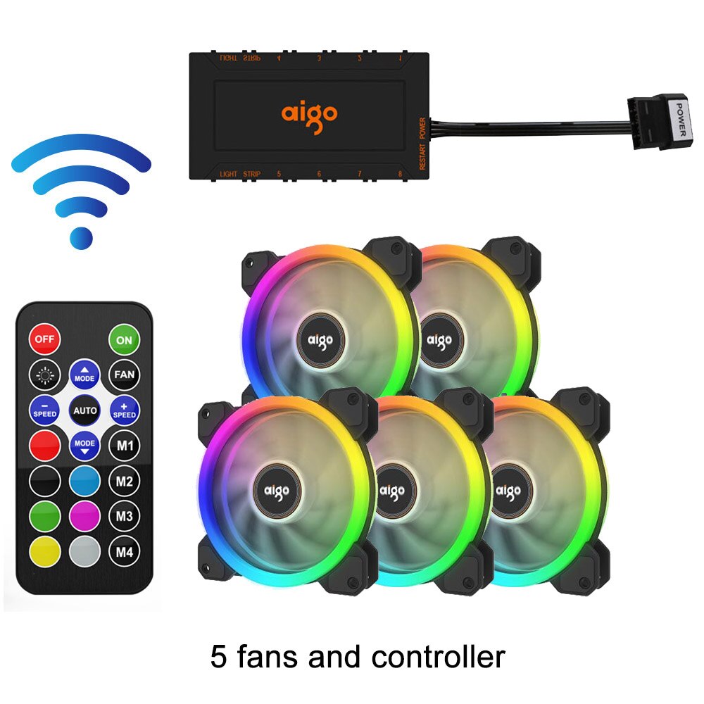 Aigo DR12 RGB Fan 120mm IR Remote Adjust Color Quiet PC Case Sets Cooling Fan CPU Cooler Gaming Case Controller Max 8fans: 5 fans and IR Remote