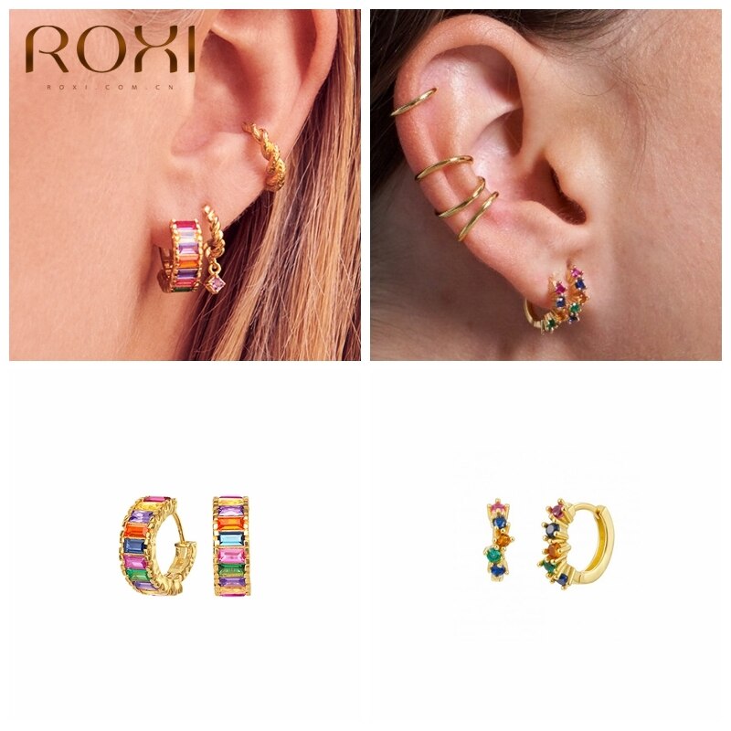 ROXI-pendientes de aro con cristales de circonita cuadrados para mujer, aretes de boda de piedra redonda, cartílago de Plata de Ley 925