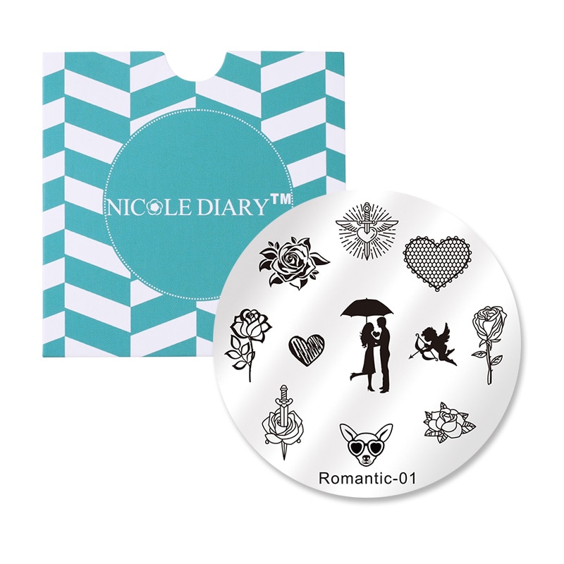 NICOLE DIARY Round Stamping Plate Valentine Series Rose Manicure Nail Art Stamp Image Plate Romantic-01