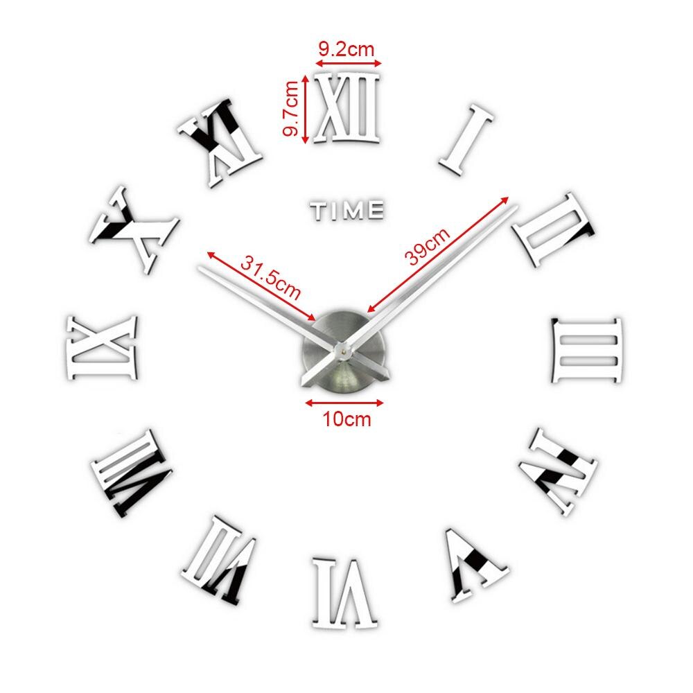 Roman Numerals Wall Clock Mirror Stickers DIY Decoration Home Decor 3D Stickers Wall Clock Adjustable Large: Silver