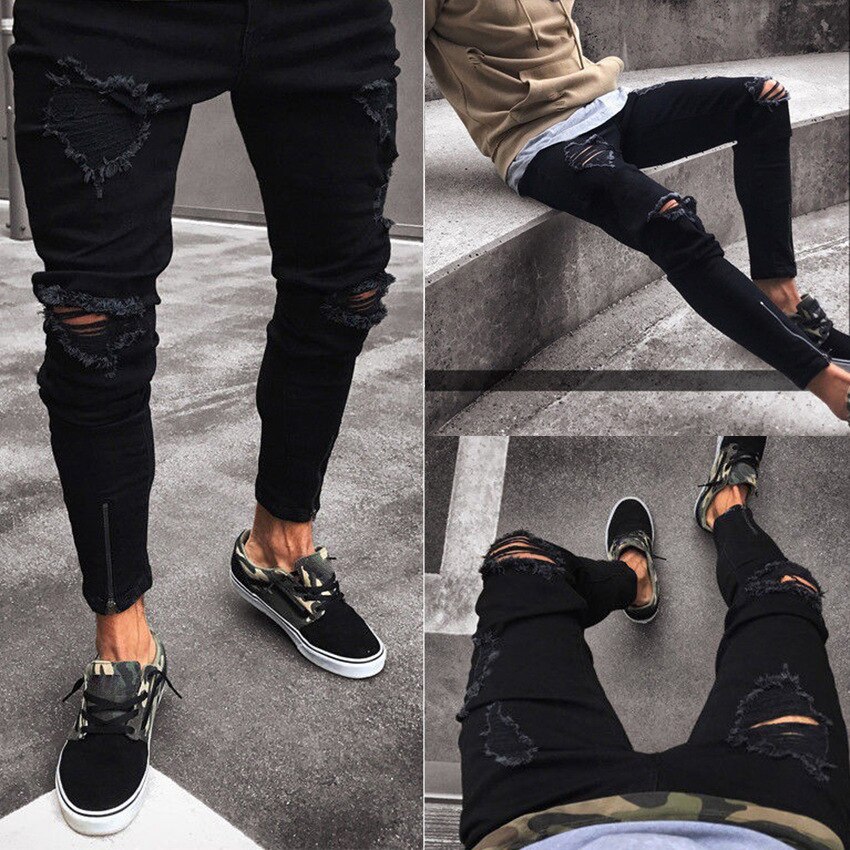 Herre cool mærke sorte jeans skinny flået ødelagt stretch slim fit hop hop bukser med huller til mænd