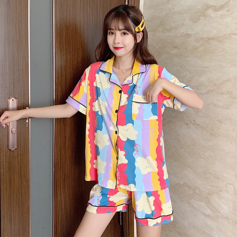 Autumn Summer Women Pajamas Set Short Sleeve Cartoon Girls Sleepwear Set Female Loungewear Cute Women Pyjamas Set: X SX 512 / XXL