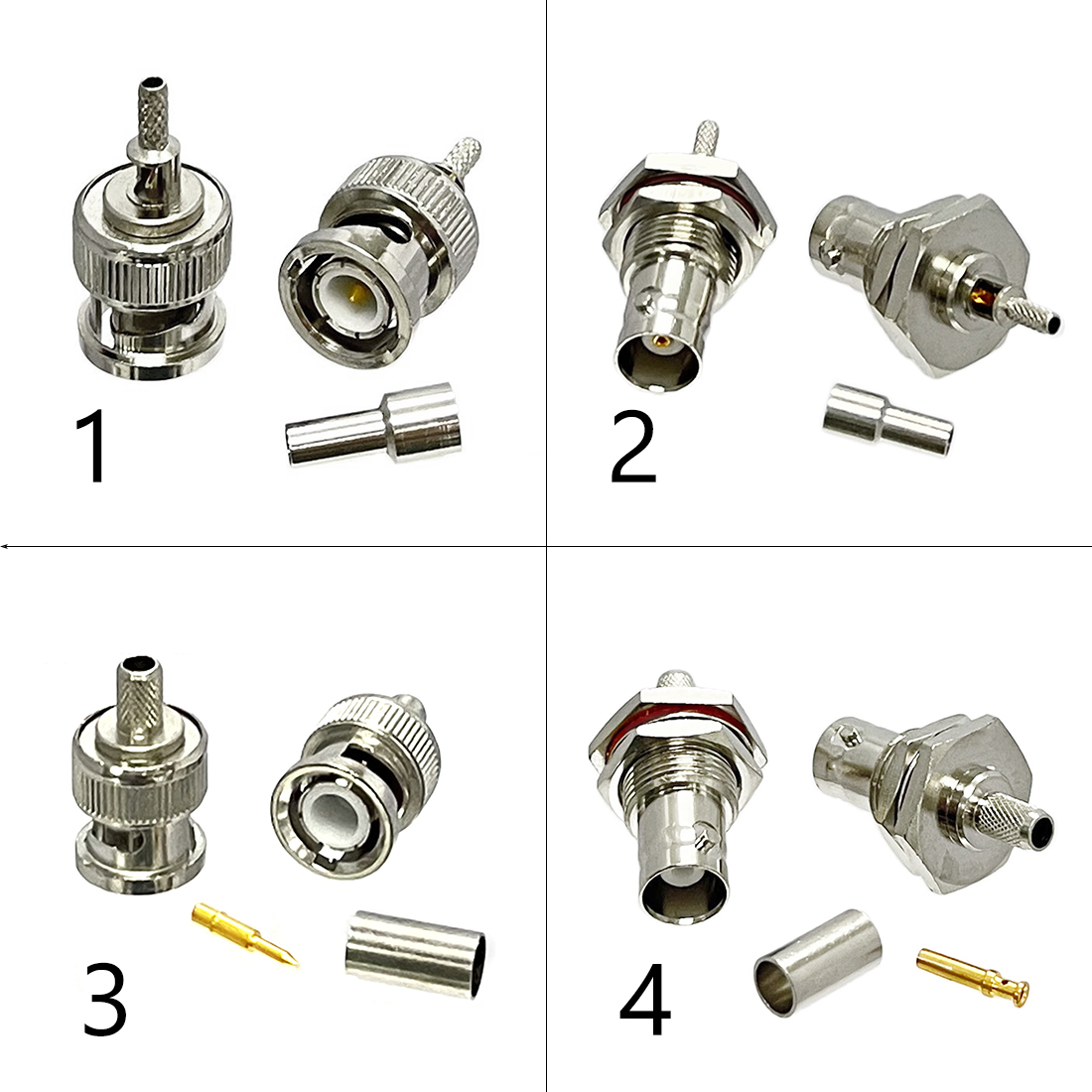 1-4PC BNC Male Female Plug Jack RF Coax Connector Crimp for RG316 RG174 RG58 RG142 Cable Copper Nickelplated With Drawing
