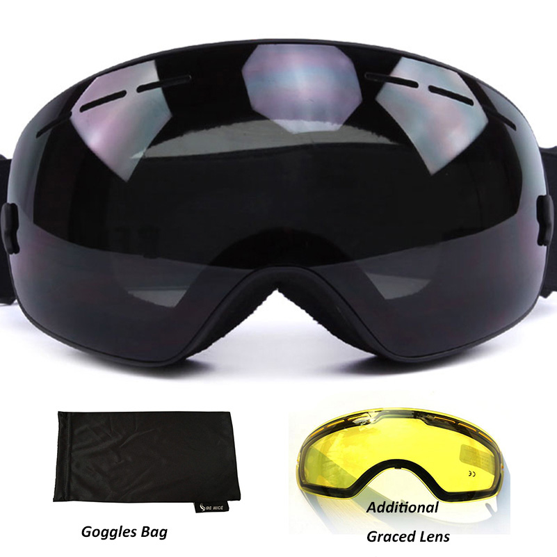 Anti-fog Ski Goggles UV400 polarized Ski Glasses Double Lens Skiing Snowboard Snow Goggles Ski Eyewear With case for Man women: all black