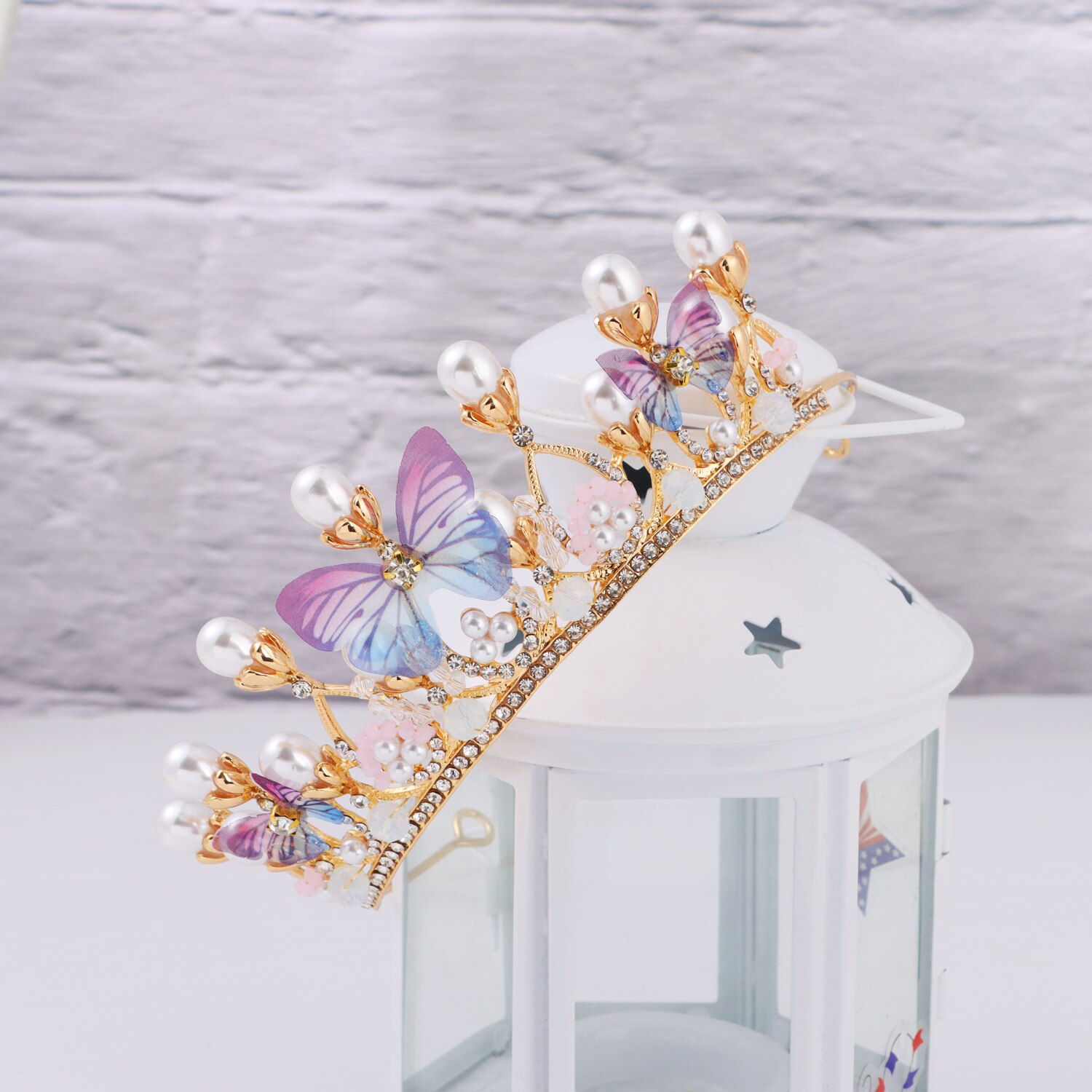 Korona księżniczki dla dziewczynek tiary motylkowe dla dziewczynek, kryształowa korona urodzinowa Model ślubny wybieg perłowy z pałąkiem na głowę