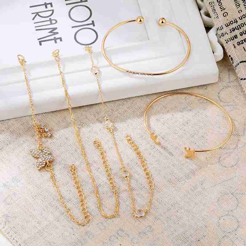 Butterfly Bracelets Female Accessories 5pcs/set Bohemian Elegance Sweet Rhinestone Gold Open Bracelets