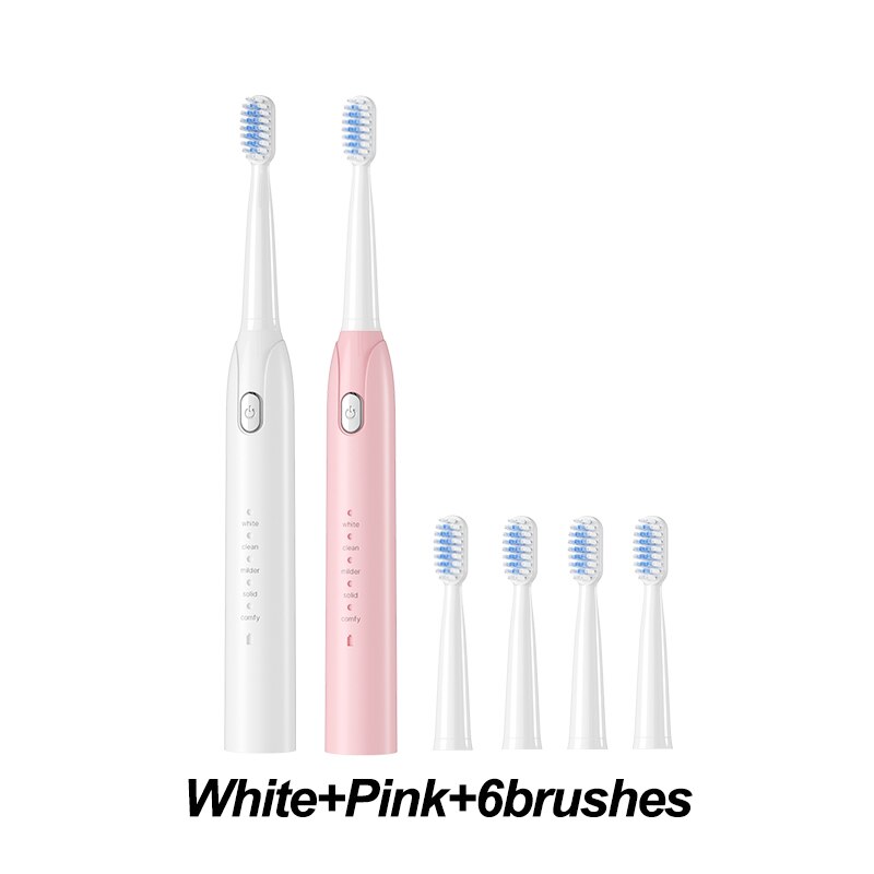 Electric Toothbrush Sonic Toothbrush USB Induction Charging Toothbrush Smart Toothbrush Electric Tooth Scaler Wave Brush: whitepink 6brushes