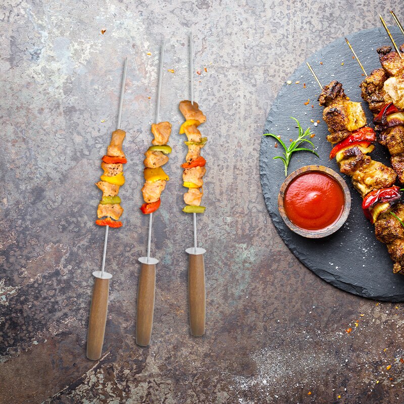 Useful Stainless Steel BBQ Tools Flat Barbecue Skewer BBQ Roasting Needle Wooden Handle Sticks Outdoor Camping BBQ 44cm 4-12pcs