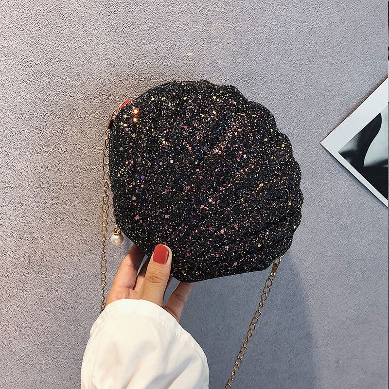 Sequin Shell Tas Vrouwen Crossbody Bag Keten Mini Schoudertas Cirkel Seashell Bling Handtas Meisjes Glitter Portemonnees En Handtassen: Black B