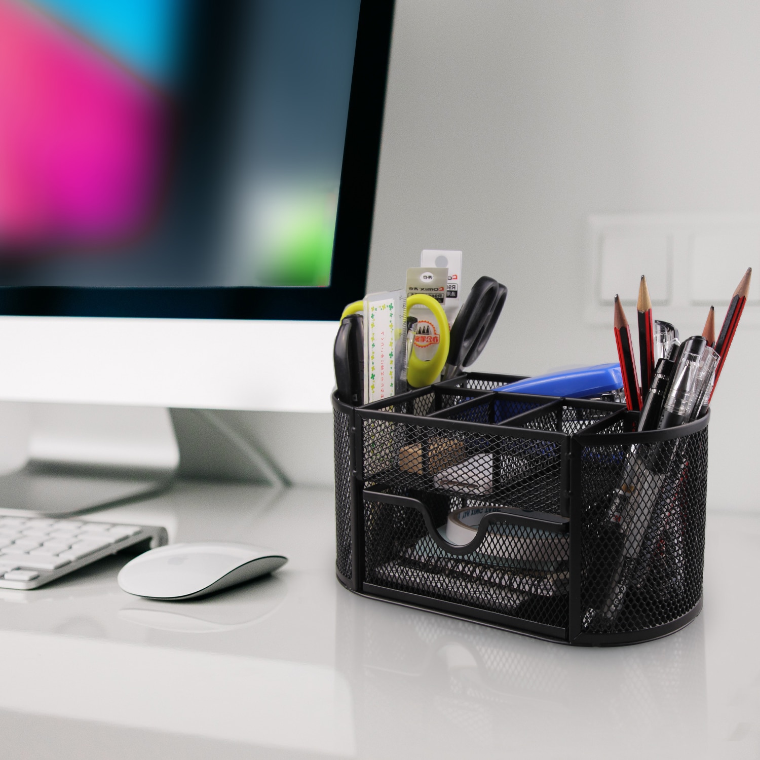Metal Mesh Desk Organizer Multi-functional Home Office Desk Supplies Stationery Pen Pencil Storage Holder Stand Black