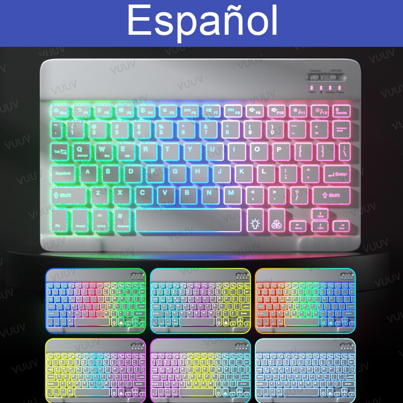 Teclado retroiluminado de arco iris para tableta, teléfono, portátil, español, ruso, portugués, inalámbrico, Bluetooth, para Xiaomi, Samsung: White 01 Spanish