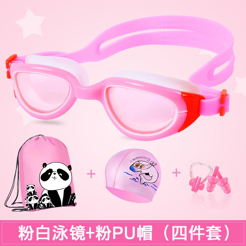 Childrens Swimming Goggles Womens Big Box Naples Eye Water Fog High-Definition Boys Goggle Cap Outfit Kid Swim /30: Pink Goggles Four piece Set
