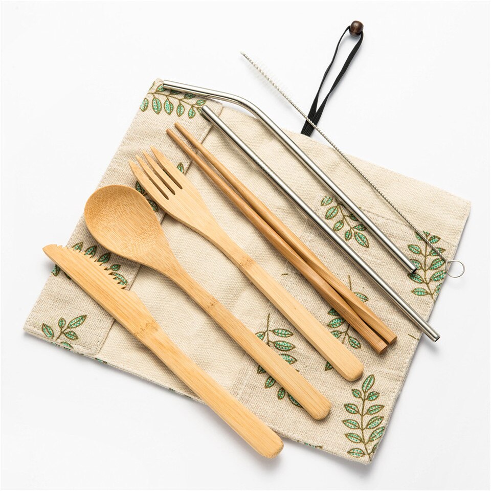 Draagbare Bestek Set Houten Bestek Vork Lepel Mes Tandenborstel Eetstokjes Bamboe Stro met Bestek Zak voor Reizen Picknick Set