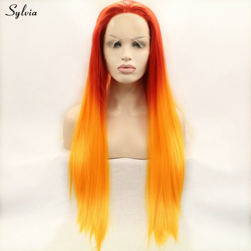 Sylvia brannfarge oransje hår syntetisk silkeaktig rett blonder foran parykk varmebestandig kvinner parykker hår drag queen fest gratis del