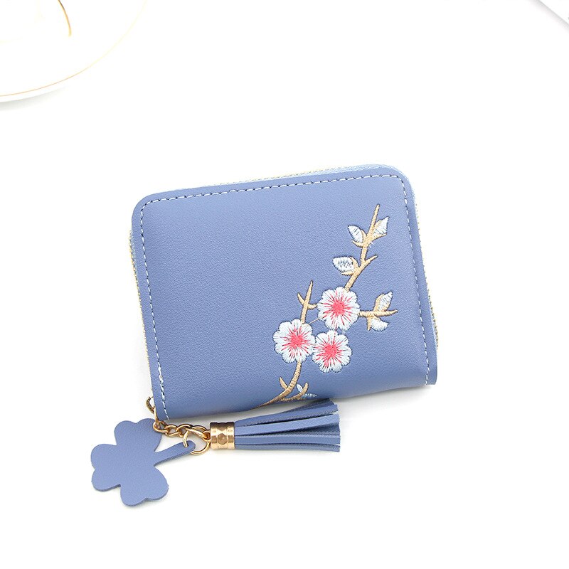 Women Wallets Ladies Flower Embroidery Tassel Short Wallet Girls Cute Zipper Purse Change ID Card Coin Pocket Card Holder: Blue