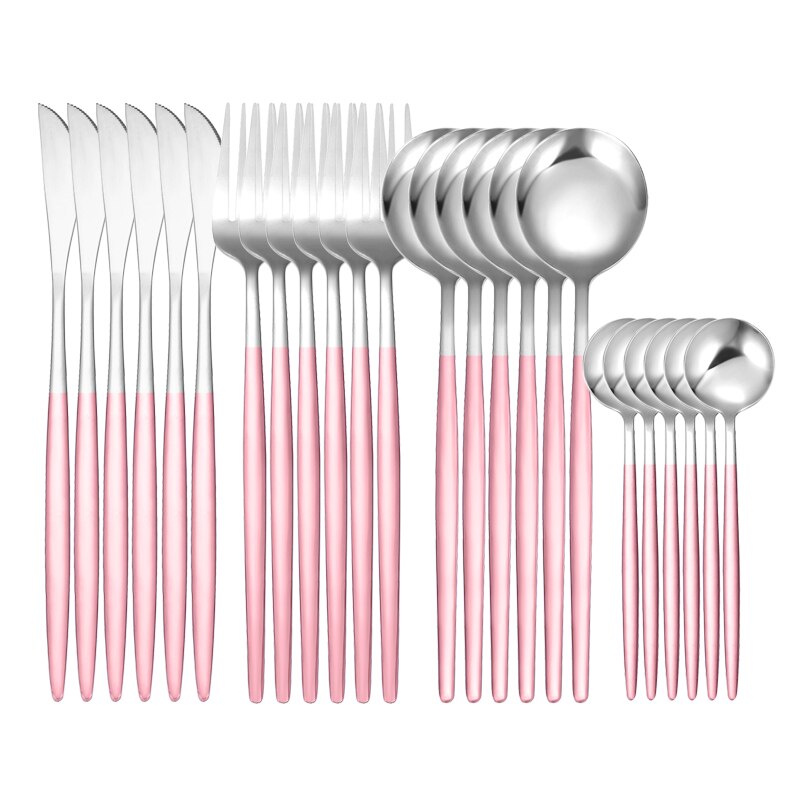 Green Gold 24 Piece Cutlery Cutlery Set Non-fading Cutlery Set Stainless Steel Cutlery Dinner Kitchen Household Knives: 24Pcs Pink Silver