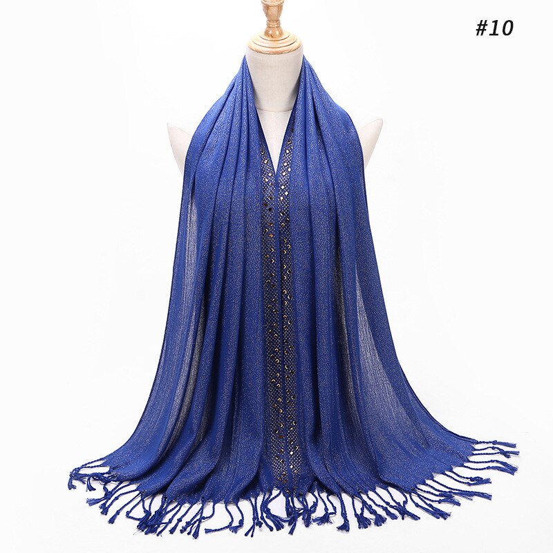 Enfärgad svart vit grön vanligt huvud hijab halsduk bandana dam diamant glitter lång viskos tofs fransar halsdukar