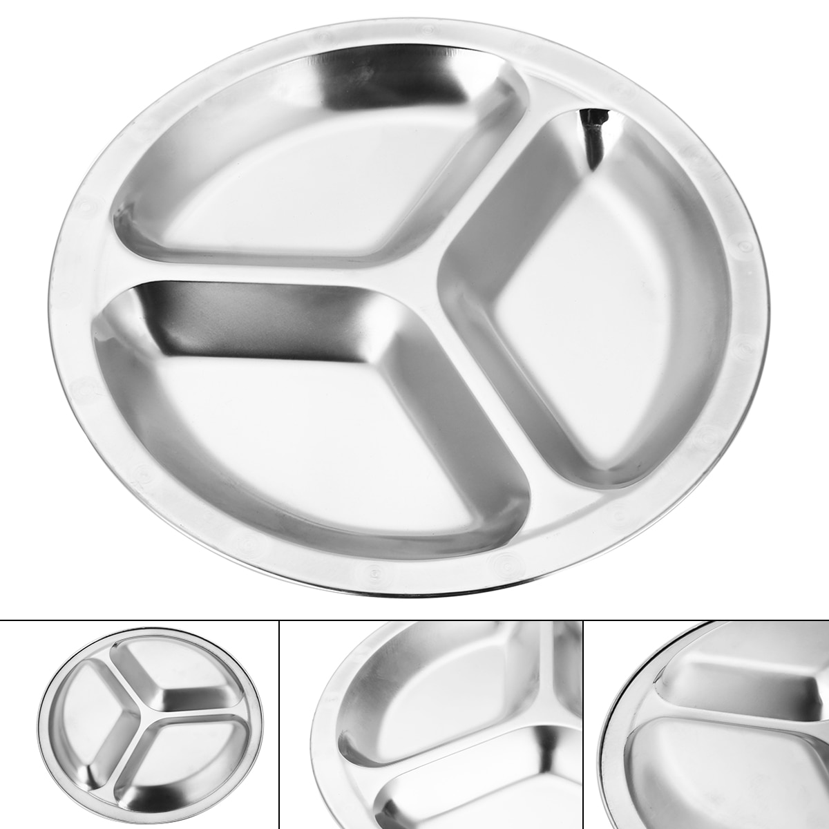 1pc Stainless Steel Dish 22/24/26cm 3 Sections Round Divided Dishes Snack Dinner Plate Kitchen Dinnerware