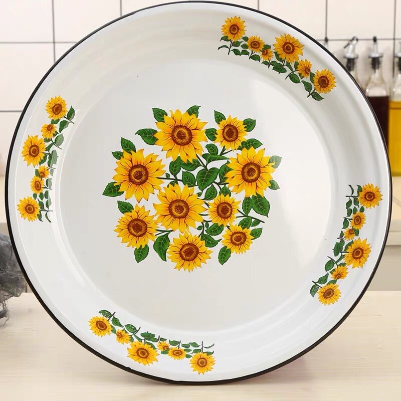 Plato grande de esmalte chino Vintage, plato de comida de fruta con patrón de rosa de girasol, contenedor, vajilla, utensilios de cocina