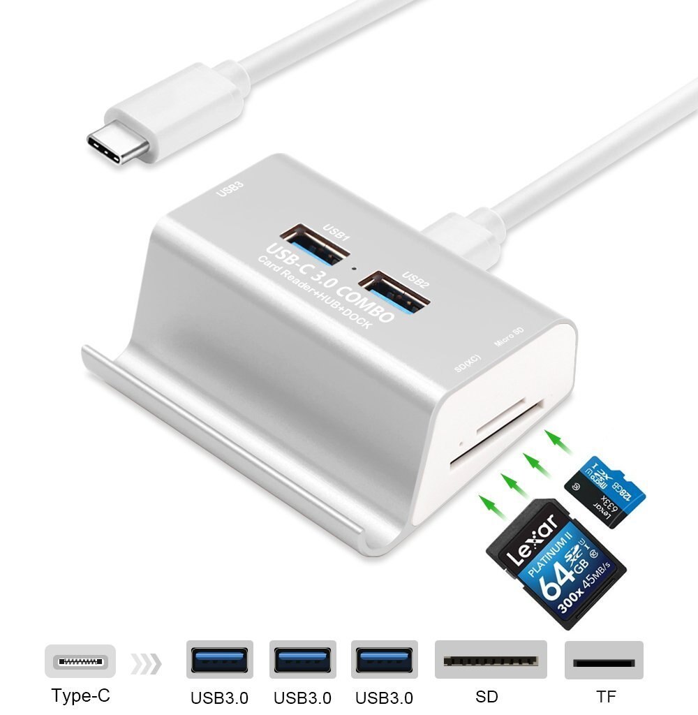 Lector de tarjetas USB 3,0 de alta velocidad, Hub DE 3 puertos USB 3,0 con soporte para teléfono, USB-C de aluminio/TYPE-C 3,0, Combo SD/TF/MicroSD: Type-c Silver