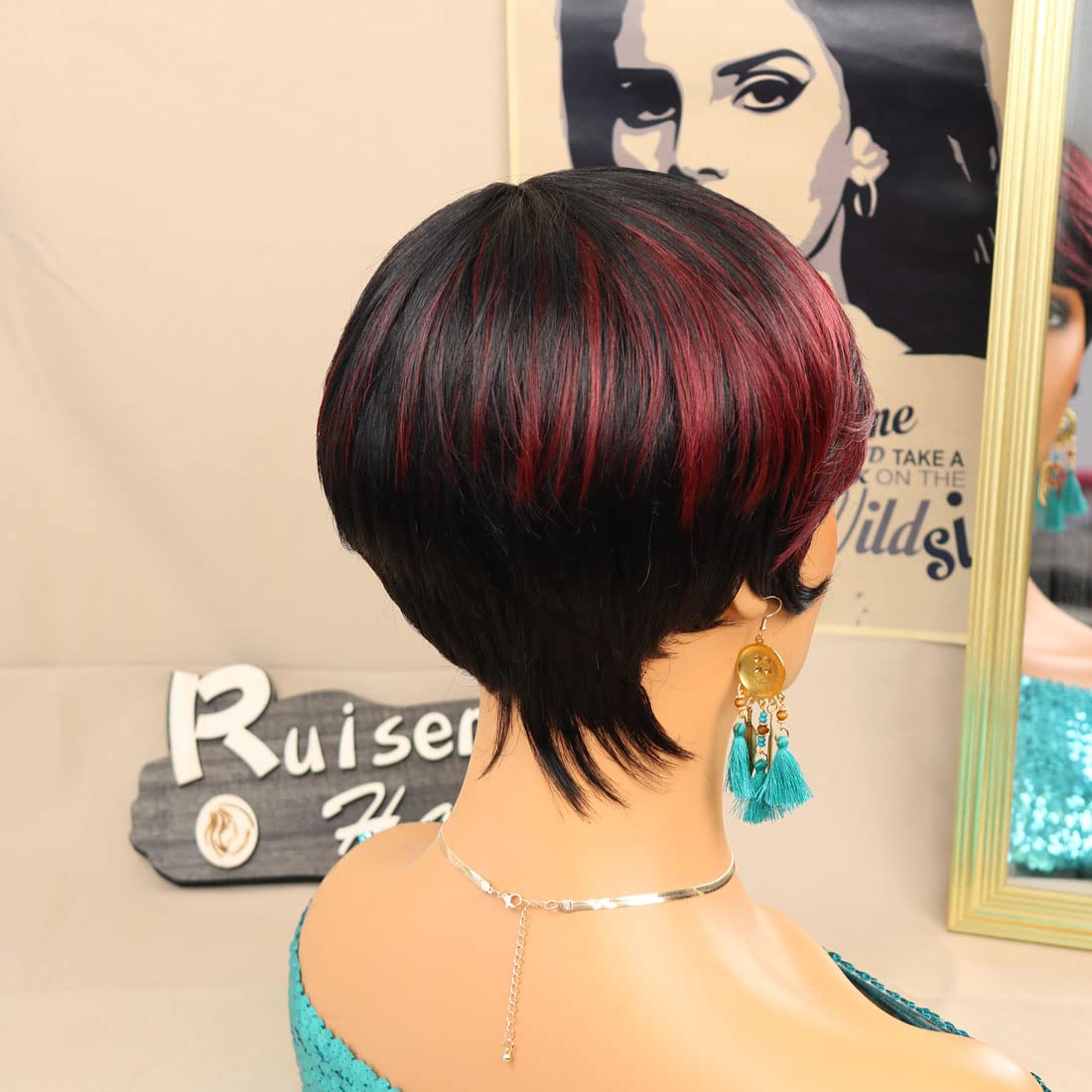 Pelucas cortas de corte Pixie para mujeres negras, pelucas cortas con flequillo, pelucas negras con capas marrones, pelucas de cabello Real Bob corto sin pegamento para Wo