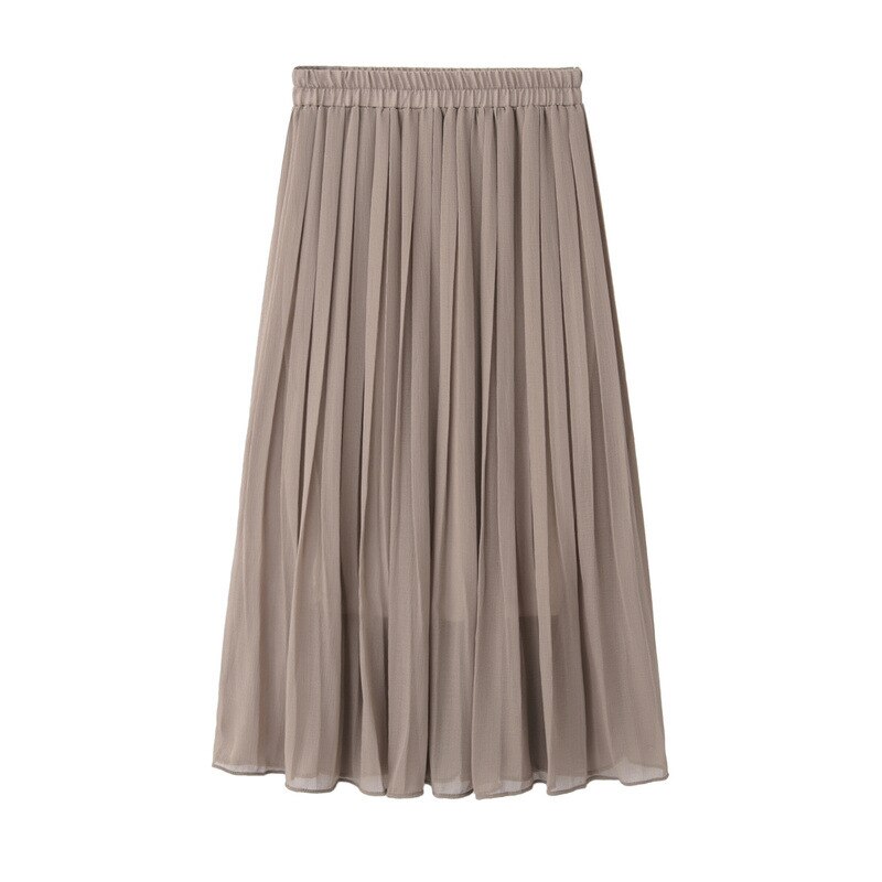 Spring and Summer Skirt College Wind High Waist Chiffon Pleated Skirt Elastic Waist Pleated Midi Long Skirt: Khaki