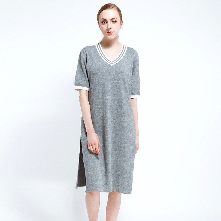 Spring Casual Women's Sweater Pullovers Half-sleeve Pullover Jumper V-neck Knitted Female Solid Dress: Gray