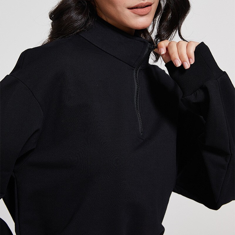 Sudadera holgada con cremallera y cordón para mujer, Top deportivo de algodón, sudaderas informales de manga larga con media cremallera, camisa de Yoga, ropa de Fitness: S / Black