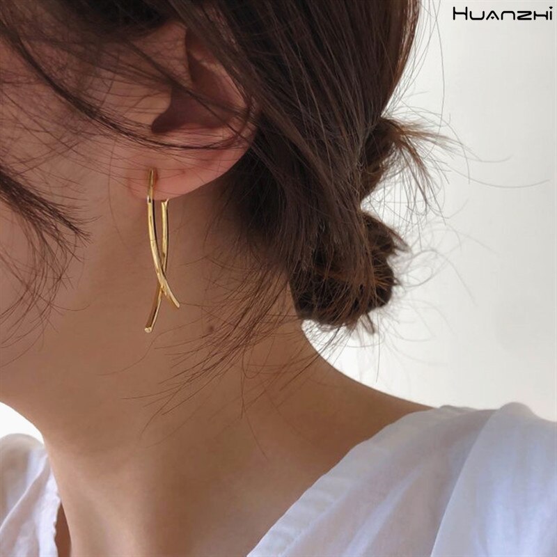 HUANZHI 2020 New Trendy coreano retrò metallo geometrico croce oro argento colore orecchini per le donne ragazze regali gioielli da festa