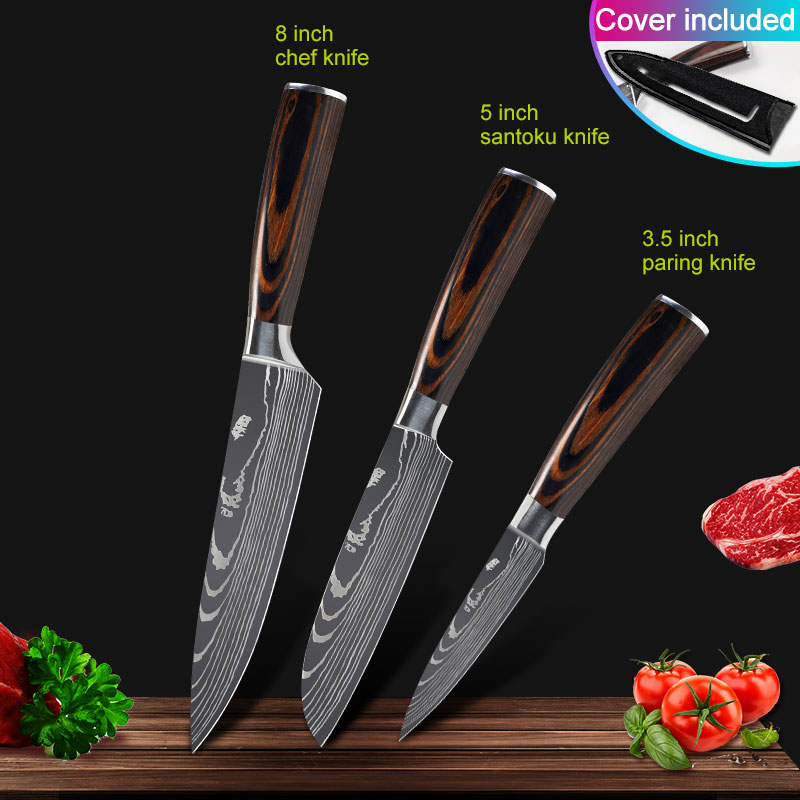 Köksknivar set kockknivar rostfritt stål imitation damaskus mönster santoku klyv skärning verktygsknivar: 3 st sats a