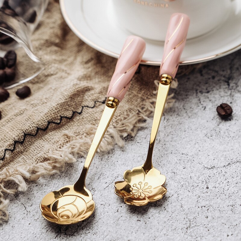 Ceramic Handle Tea Coffee Mixing Spoon Flowers Spoon Dessert Stainless Steel Teaspoons Drink Tableware