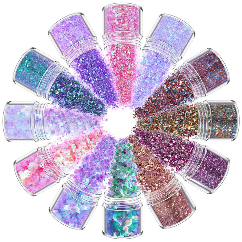 12 couleurs mélangées maquillage holographique grosses paillettes visage corps yeux cheveux ongles résine époxy Festival gros hexagones paillettes: A