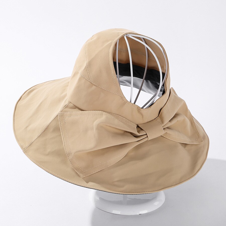 Zomer Hoeden Voor Vrouwen Lente Zomer Brede Rand Zonder Top Zon Hoeden Strik Cap Paardenstaart Hoed: Beige