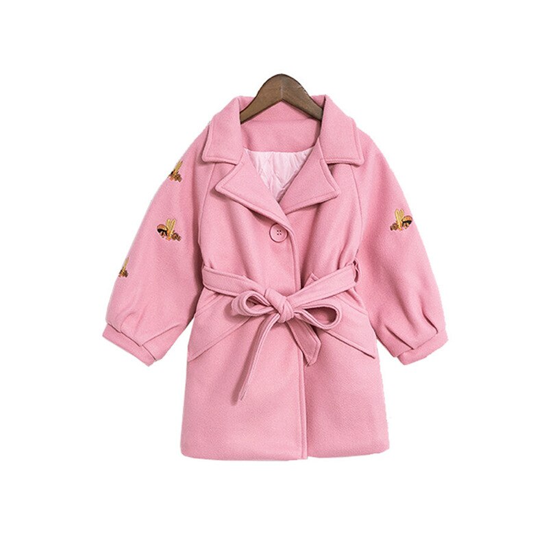 Girls Wool Long Coats with a Belt Teen Winter Coat Belted Quilted Bee Pattern Clothing For Kids Trench Coat Belt Buckles: Pink / 11