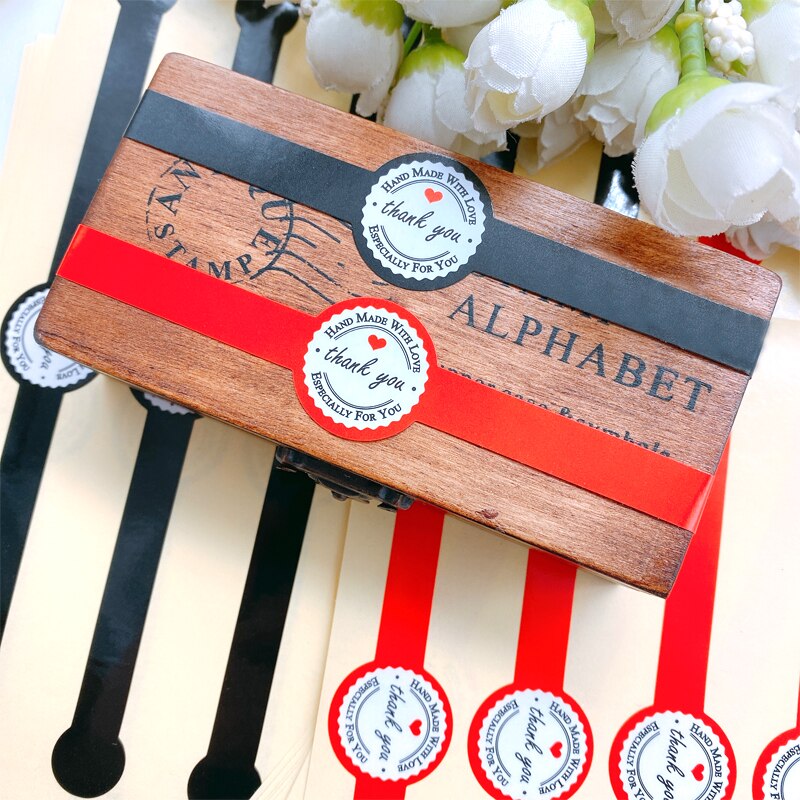 50 unids/lote rojo negro gracias hecho a mano con amor tira larga etiqueta adhesiva Kraft DIY para pastel hornear sellado ticker