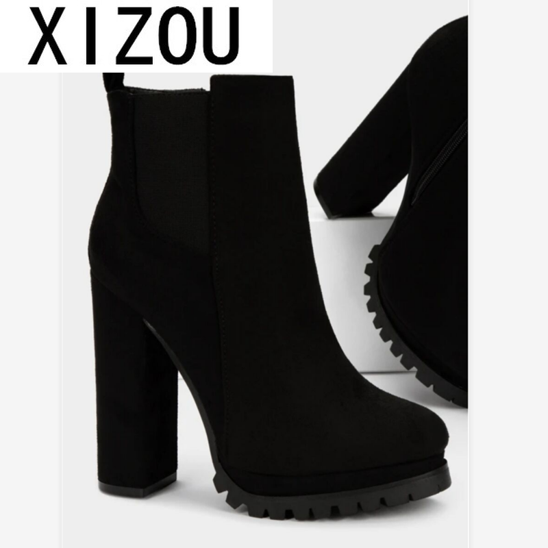 ¡Novedad de ! Botines de mujer elásticos con plataforma de tacón grueso abrigados de otoño invierno botas negras de trabajo para mujer