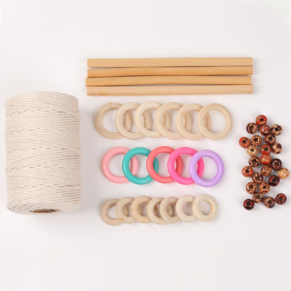 Diy Macrame Cord Kit Natuurlijke Katoenen Touw Met Houten Ringen Kralen Houten Stok Voor Diy Bijtring Macrame Kit Muur Opknoping plant Hanger