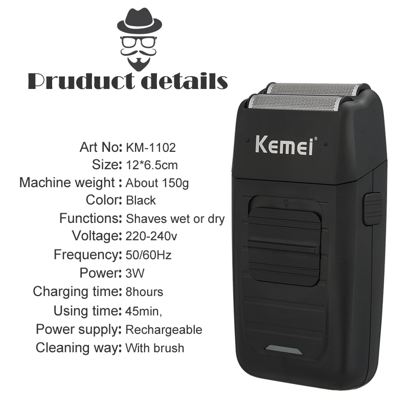 Kemei 1102 Electric Shaver Men Electric Razor Rechargeable Floating Beard Shaver Hair Trimmer Face Care Shaving Machine