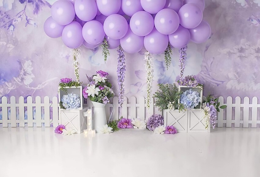 Mehofond Photography Background Purple Flowers Floral Garden Balloons Girl 1st Birthday Cake Smash Decor Backdrop Photo Studio